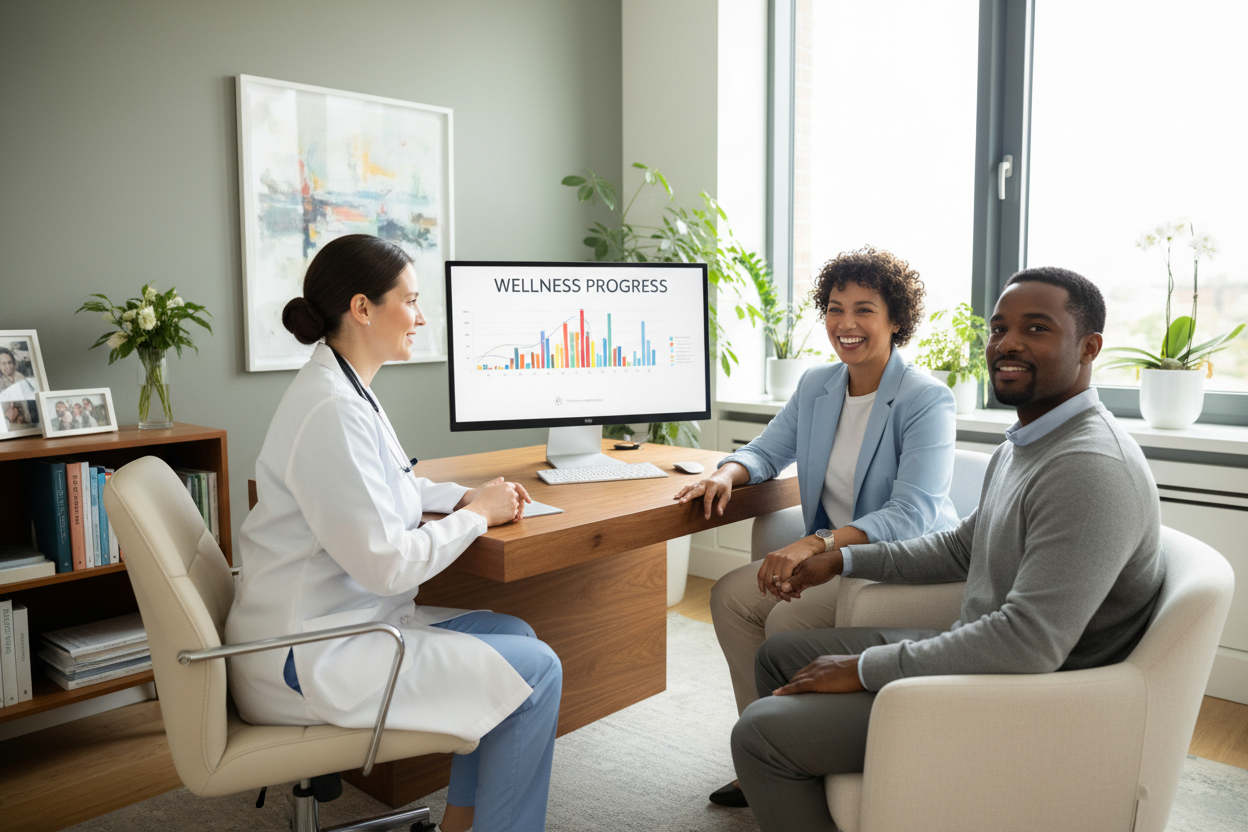 Bild på en kvinna och en man som utför en konsultation med en läkare det ska vara postivit